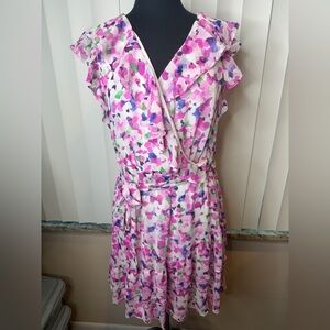 DKNY printed flutter sleeve faux wrap midi dress floral pattern Size 12